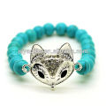 Turquoise 8MM Perles rondes Stretch Bracelet en pierres précieuses avec diamant alliage fox Head Piece